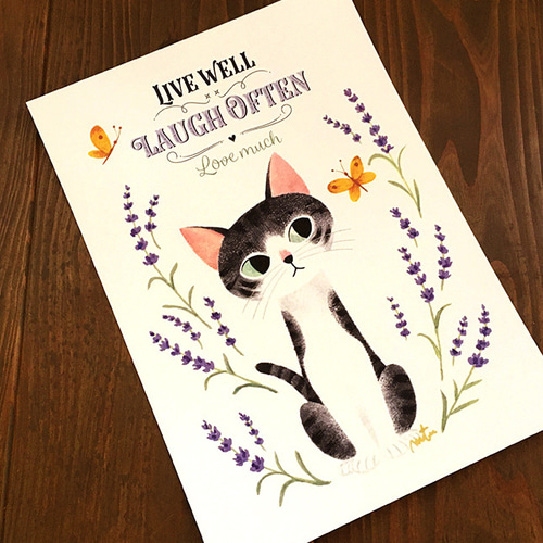 ウォールアートポスターA4サイズ 「猫と蝶とラベンダー “キジ白
