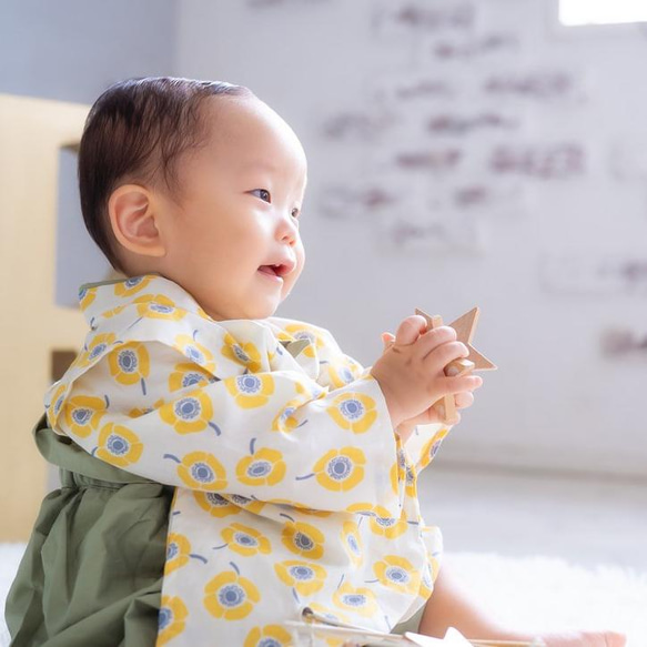 70/ふうせん袴(柳色)＊アネモネ柄（淡黄） 着物✧˖°⌖꙳✧˖°ベビー袴/男の子女の子 2枚目の画像