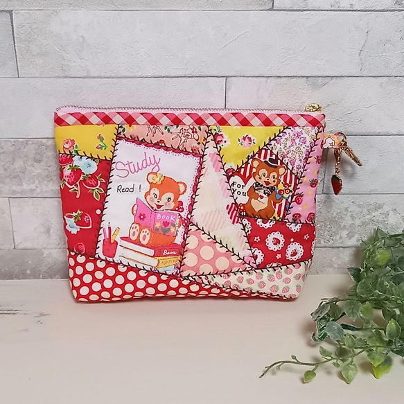 ハンドメイド ポーチ クレイジーキルト レトロアニマル クマちゃん  