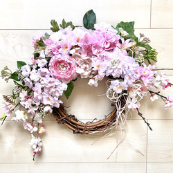 No.wreath-15436/桜とラナンキュラスのリース22-(1) 42x60cm /アーティフィシャルフラワー造花 1枚目の画像