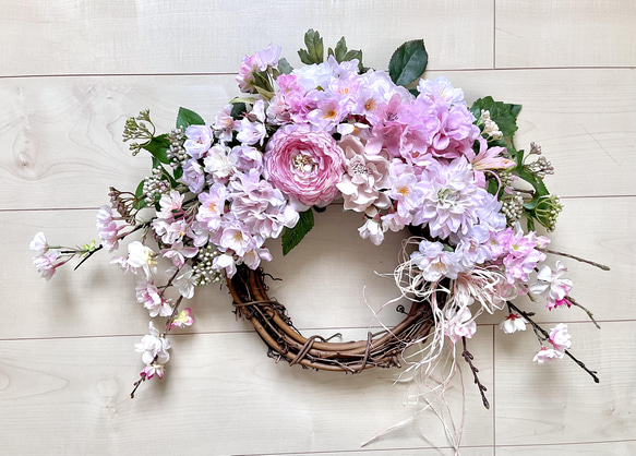 No.wreath-15436/桜とラナンキュラスのリース22-(1) 42x60cm /アーティフィシャルフラワー造花 19枚目の画像