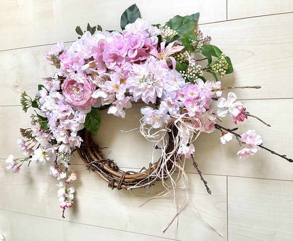 No.wreath-15436/桜とラナンキュラスのリース22-(1) 42x60cm /アーティフィシャルフラワー造花 2枚目の画像