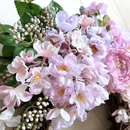 ⚠️専用品⚠️ 春待ち ラナンキュラス と 薔薇 さくらふわり の春色 フルリース No.wreath-15436/桜とラナンキュラスのリース22-(1) 42x60cm
