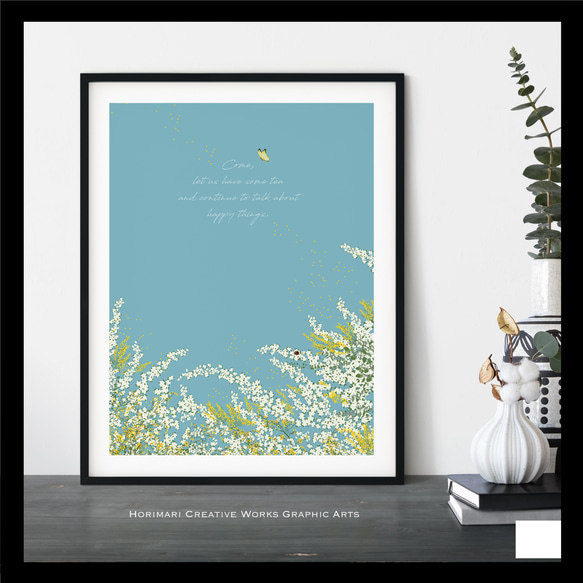 【ミモザと雪柳とユーカリの庭】インテリア ボタニカル アートポスター　淡いサックスブルー背景 2枚目の画像