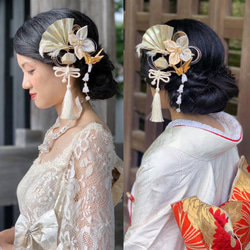 【純金箔K24使用！本物志向の方へ】結婚式　和婚　髪飾り　つまみ細工　扇と鶴のモダン和細工飾り 4枚目の画像