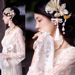 [使用純金箔K24！真正面向的人]婚禮儀式日式婚禮髮飾Tsumami作品扇子和起重機現代日本工藝裝飾 第5張的照片