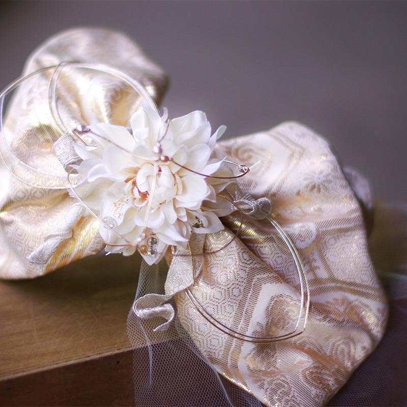 【送料無料・純金箔（K24）使用】結婚式　ウェディング　ヘッドドレス　大正浪漫リボンチュール