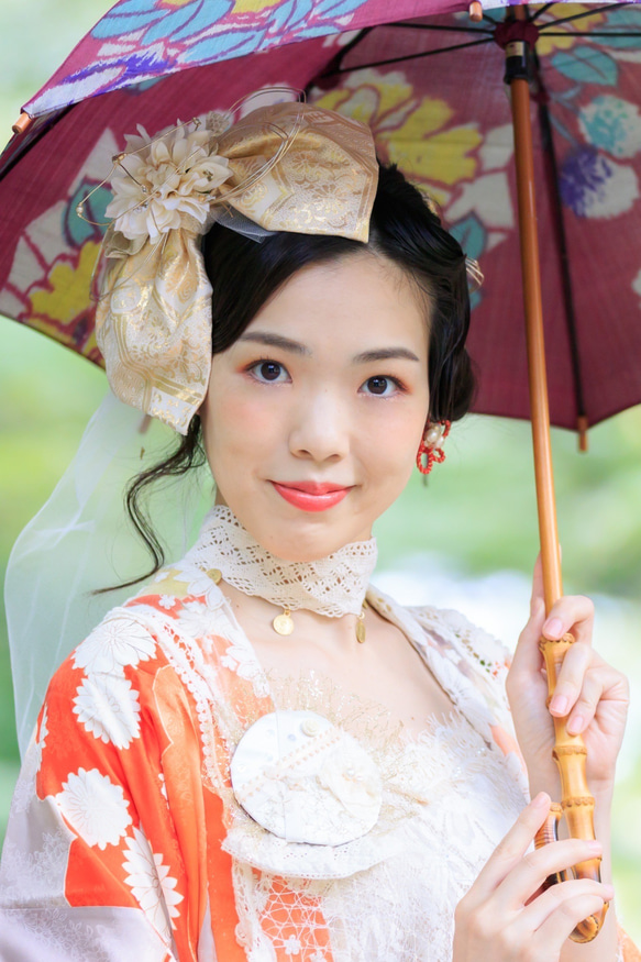 【採用純金箔（K24）！對於那些喜歡真實性的人]婚禮，日式婚禮，頭飾，大正浪漫絲帶薄紗 第1張的照片