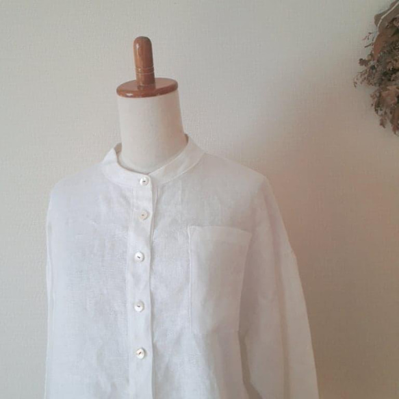【受注制作】スタンドカラーのリネンシャツ　オフホワイト 5枚目の画像