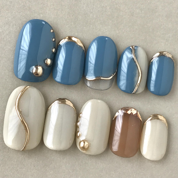 【サイズオーダー用】ニュアンスネイル　ネイルチップ　くすみブルー　グレー ネイルチップ ｜くすみブルー×グレーニュアンスネイル ｜白 シルバー