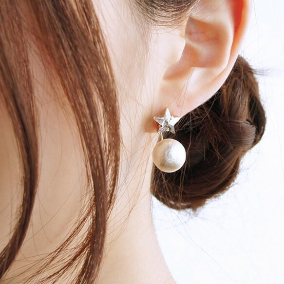 耳環或耳環 ◇☆ 星星與懸垂的棉珍珠 &lt;74&gt; 第5張的照片