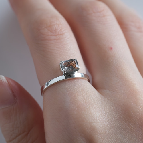 Rectangle ring ブラックルチルクォーツ 天然石シルバーリング