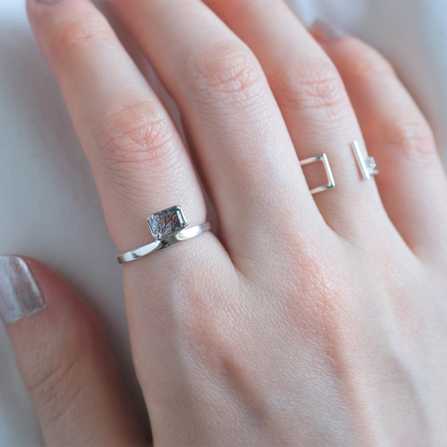 Rectangle ring ブラックルチルクォーツ 天然石シルバーリング