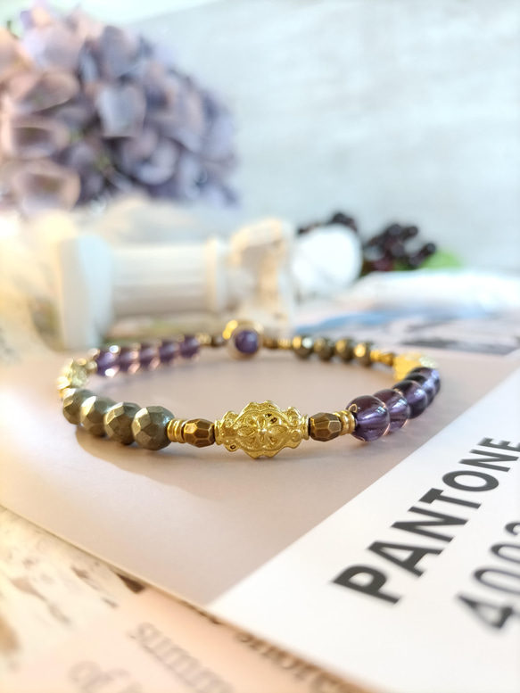 ブレスレットブレスレット＃Illusion＃Pyrite＃Amethyst＃Brass Accessories＃18k Flow 1枚目の画像