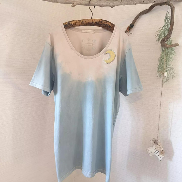 藍染め moon＆ainu organic tops  * 草木染めアイヌと月のカットソー　オーガニックtシャツ 7枚目の画像