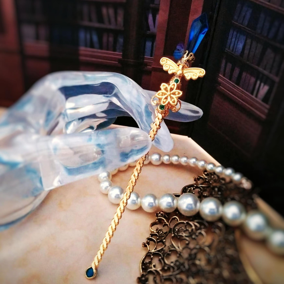 【廃盤】魔法の杖　かんざし　ドール小物　ブルー　初級魔法　メイジ専用 　水属性　ゴールド　587 1枚目の画像