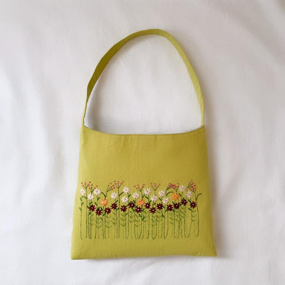 【ハンドバッグ】草花手刺繍･綿麻ハンドバッグ･イエロー色【くが屋】 1枚目の画像