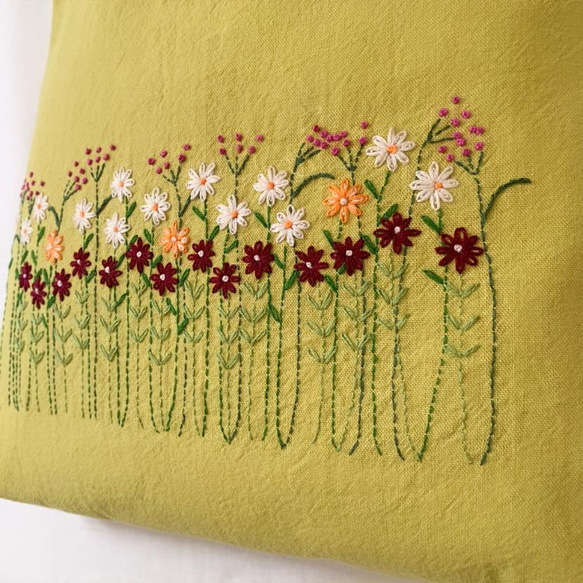 【ハンドバッグ】草花手刺繍･綿麻ハンドバッグ･イエロー色【くが屋】 5枚目の画像