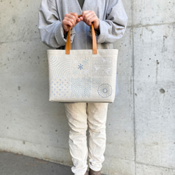 リネントートバッグ【水色パッチワーク】刺し子・麻・本革