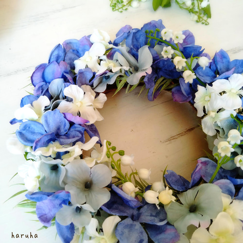 紫陽花とすずらんの初夏の彩りリース アーティフィシャルフラワー