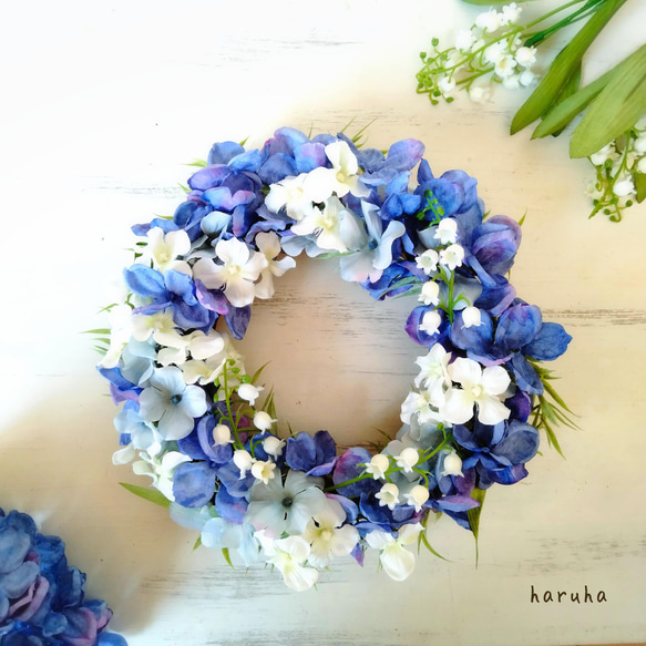 紫陽花とすずらんの初夏の彩りリース アーティフィシャルフラワー