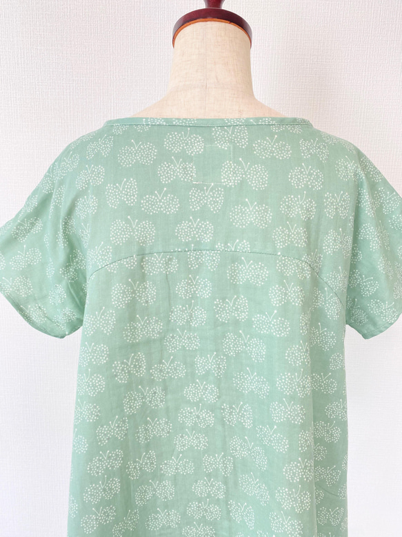 柔軟的雙層紗布*簡單的短袖喇叭連衣裙配蝴蝶結*100%棉*淡綠色 第12張的照片