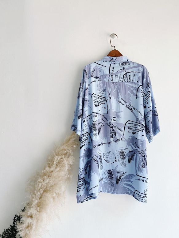 淺藍浪漫夏季樹蔭 古著絲質夏威夷襯衫上衣 vintage Aloha Shirt 第10張的照片