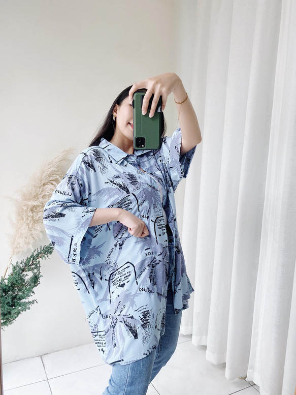 淺藍浪漫夏季樹蔭 古著絲質夏威夷襯衫上衣 vintage Aloha Shirt 第5張的照片