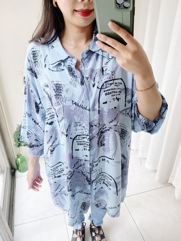 淺藍浪漫夏季樹蔭 古著絲質夏威夷襯衫上衣 vintage Aloha Shirt 第4張的照片