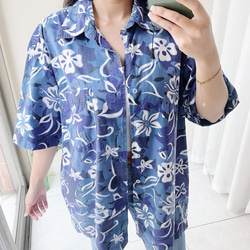湖水藍洗舊花圖紋 古著棉質夏威夷襯衫上衣 vintage Aloha Shirt 第3張的照片