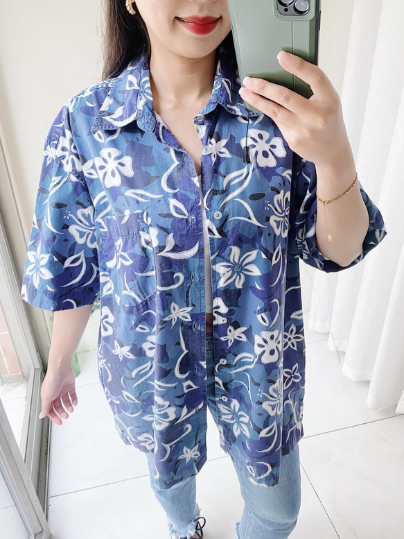 湖水藍洗舊花圖紋 古著棉質夏威夷襯衫上衣 vintage Aloha Shirt 第3張的照片