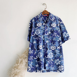 湖水藍洗舊花圖紋 古著棉質夏威夷襯衫上衣 vintage Aloha Shirt 第6張的照片