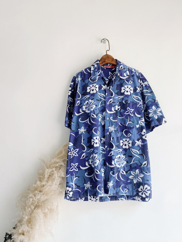 湖水藍洗舊花圖紋 古著棉質夏威夷襯衫上衣 vintage Aloha Shirt 第6張的照片