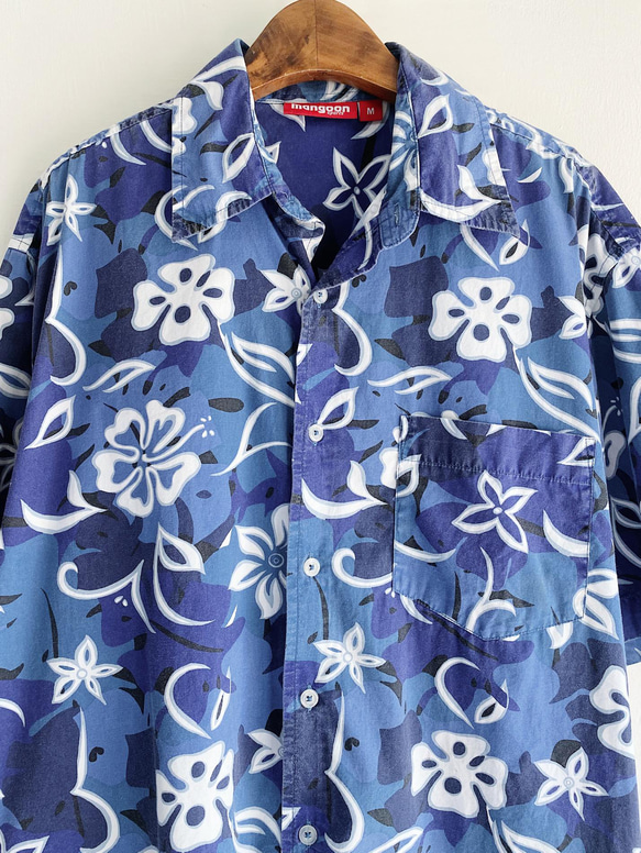 湖水藍洗舊花圖紋 古著棉質夏威夷襯衫上衣 vintage Aloha Shirt 第7張的照片