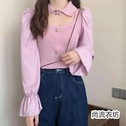 春服韓国 セクシーピンク ニット 長袖 パールボタン レディース