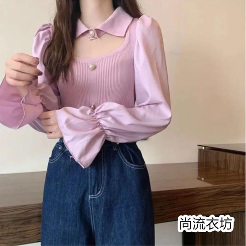 春服韓国 セクシーピンク ニット 長袖 パールボタン レディース