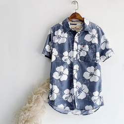 hollister 灰藍印花 古著棉質夏威夷襯衫上衣vintage Aloha Shirt 第7張的照片