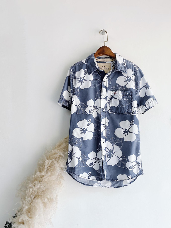 hollister 灰藍印花 古著棉質夏威夷襯衫上衣vintage Aloha Shirt 第7張的照片