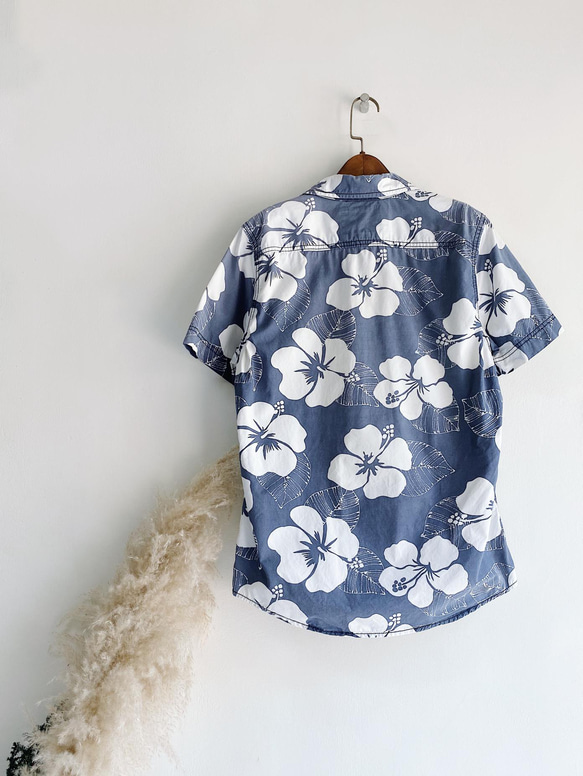 hollister 灰藍印花 古著棉質夏威夷襯衫上衣vintage Aloha Shirt 第8張的照片