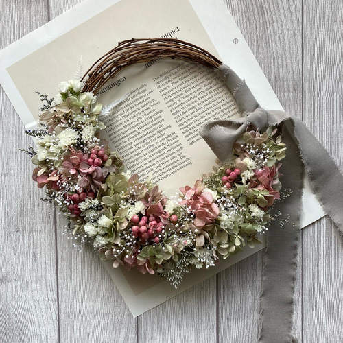 プリザーブドアジサイのハーフリース 〜アンティークピンク〜 リース  