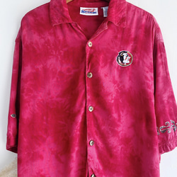 豔紅粉渲染刺繡圖騰 古著絲質夏威夷襯衫上衣vintage Aloha Shirt 第8張的照片