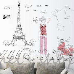 ウォールステッカーD66　少女　旅行　トラベル　パリ　ウォー  送料無料 剥がせるシール 壁シール インテリア雑貨 3枚目の画像