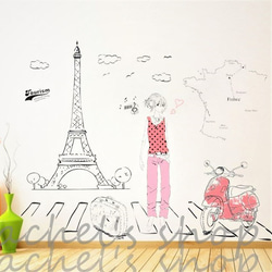 ウォールステッカーD66　少女　旅行　トラベル　パリ　ウォー  送料無料 剥がせるシール 壁シール インテリア雑貨 1枚目の画像