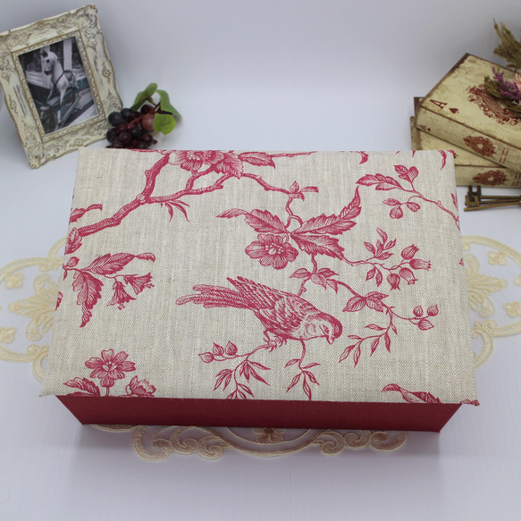 【受注制作】カルトナージュ♪　フランス製 リネン生地　２段ツールボックス / 裁縫箱 （メザンジュ/レッド） 4枚目の画像