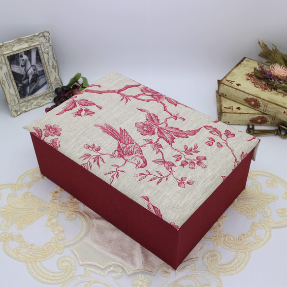 【受注制作】カルトナージュ♪　フランス製 リネン生地　２段ツールボックス / 裁縫箱 （メザンジュ/レッド） 2枚目の画像