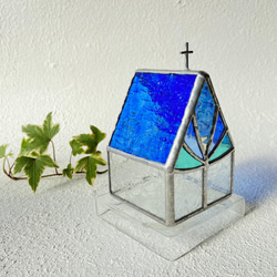 【Medium Church or house】Clear blue ステンドグラス　LED専用キャンドルホルダー 2枚目の画像