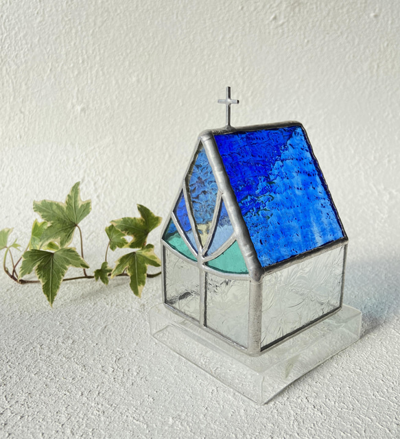 【Medium Church or house】Clear blue ステンドグラス　LED専用キャンドルホルダー 7枚目の画像