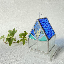 【Medium Church or house】Clear blue ステンドグラス　LED専用キャンドルホルダー 1枚目の画像