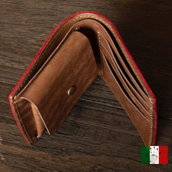 【イタリアンレザー】 Ibiza+Maya　手縫い二つ折り財布　レッドxブラウン 2枚目の画像