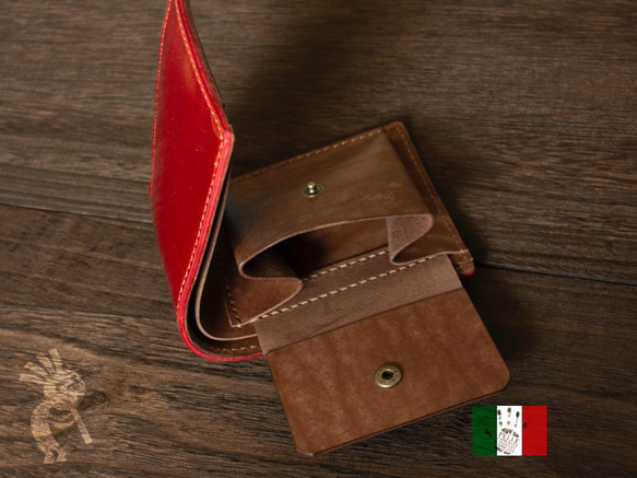 【イタリアンレザー】 Ibiza+Maya　手縫い二つ折り財布　レッドxブラウン 5枚目の画像